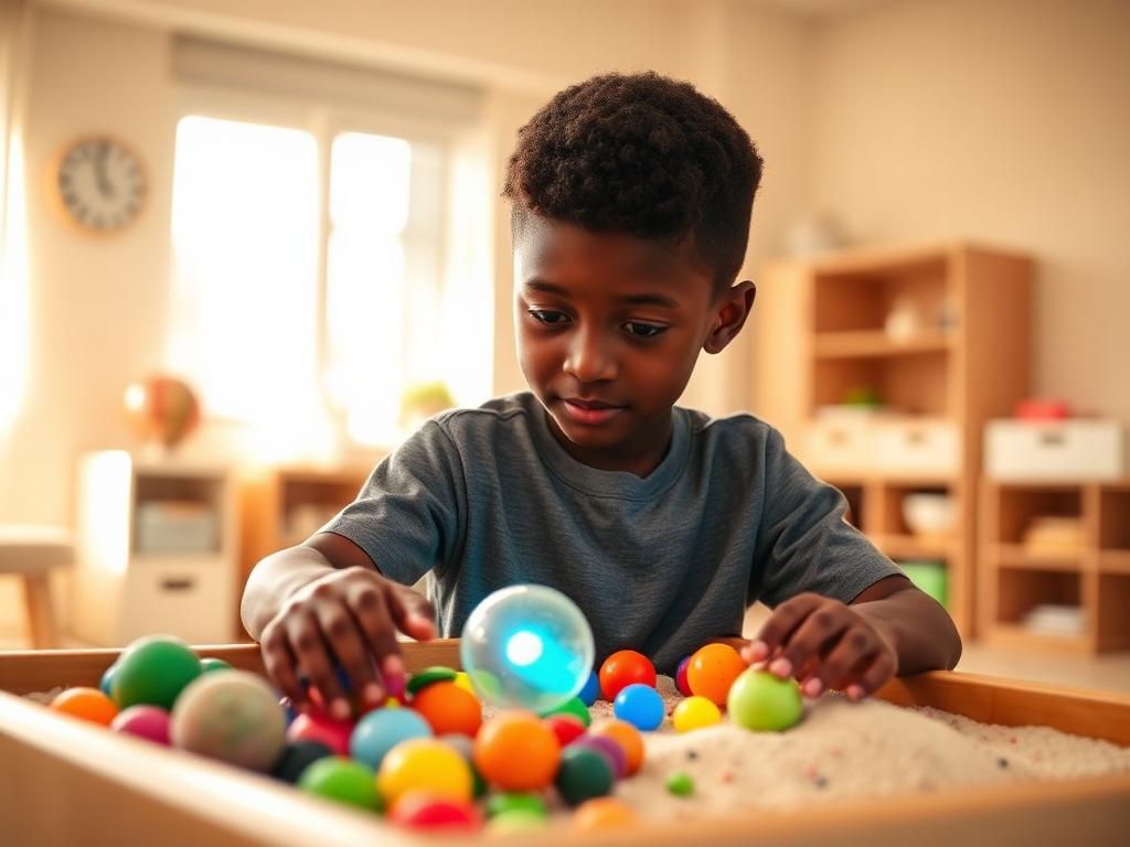Boy exploring sensory materials at a play table