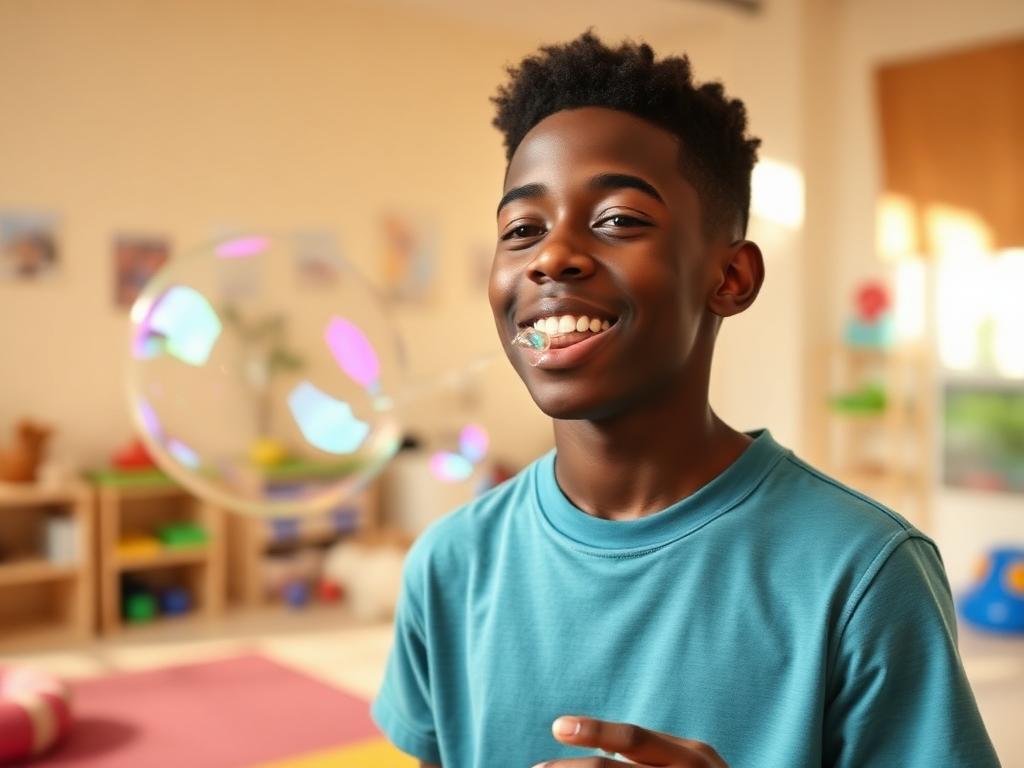 Teenage boy smiling with bubbles in a sensory room