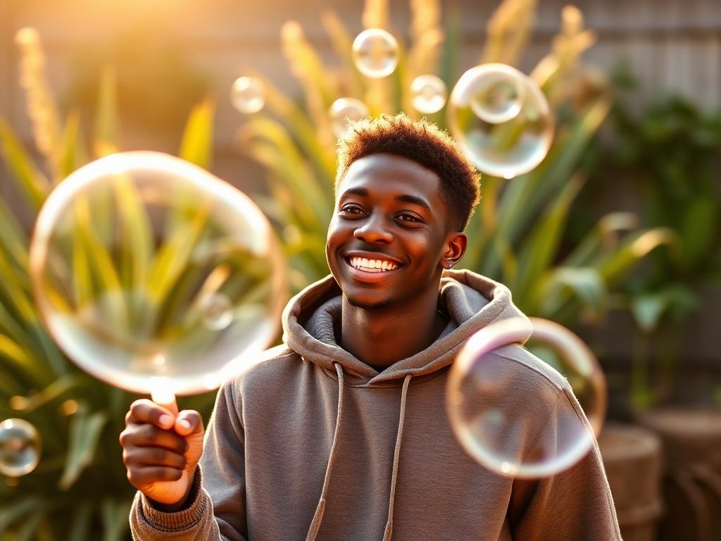 Teenager creating giant bubbles outdoors in golden light