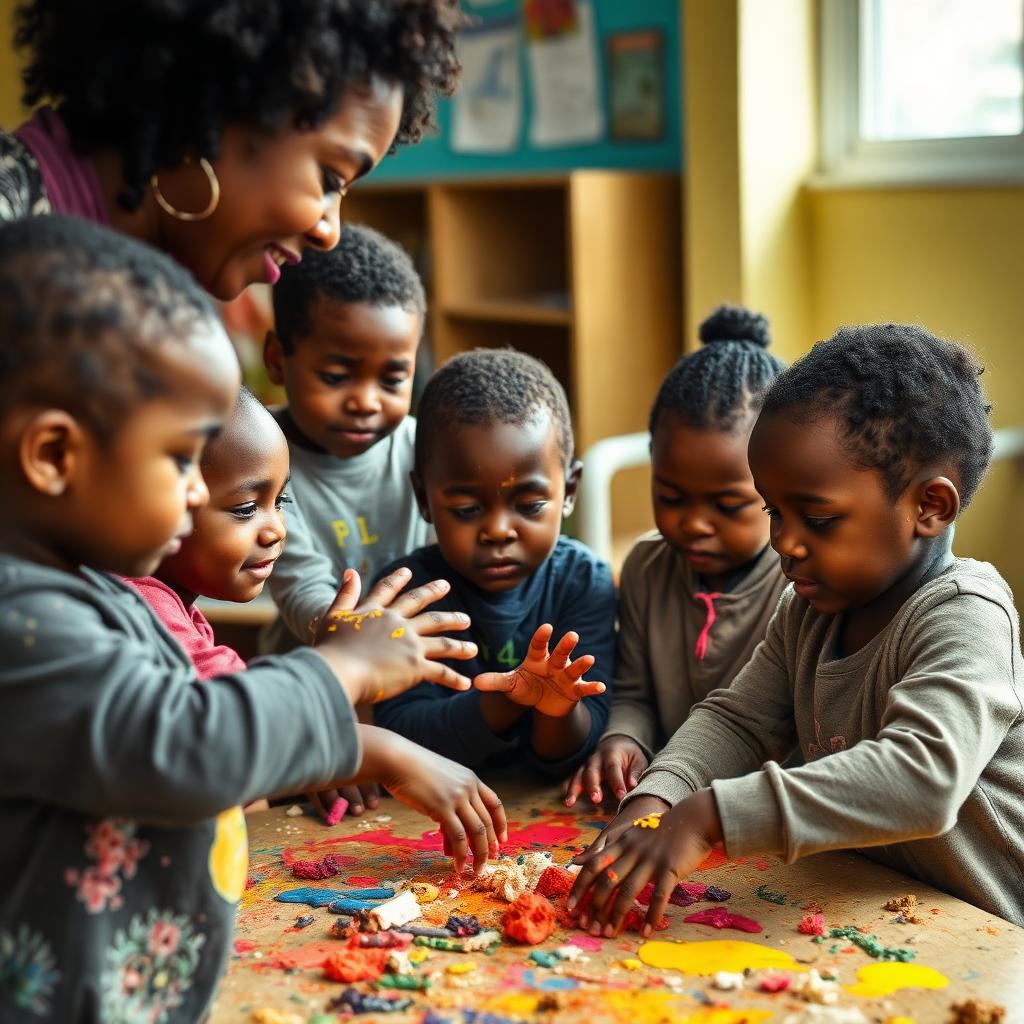 Teacher guiding a circle of Black children through a messy art sensory activity