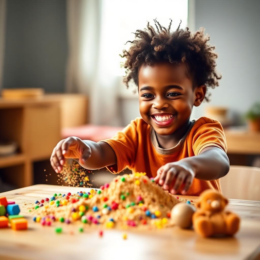 Joyful Black boy playing with kinetic sand and textured sensory toys