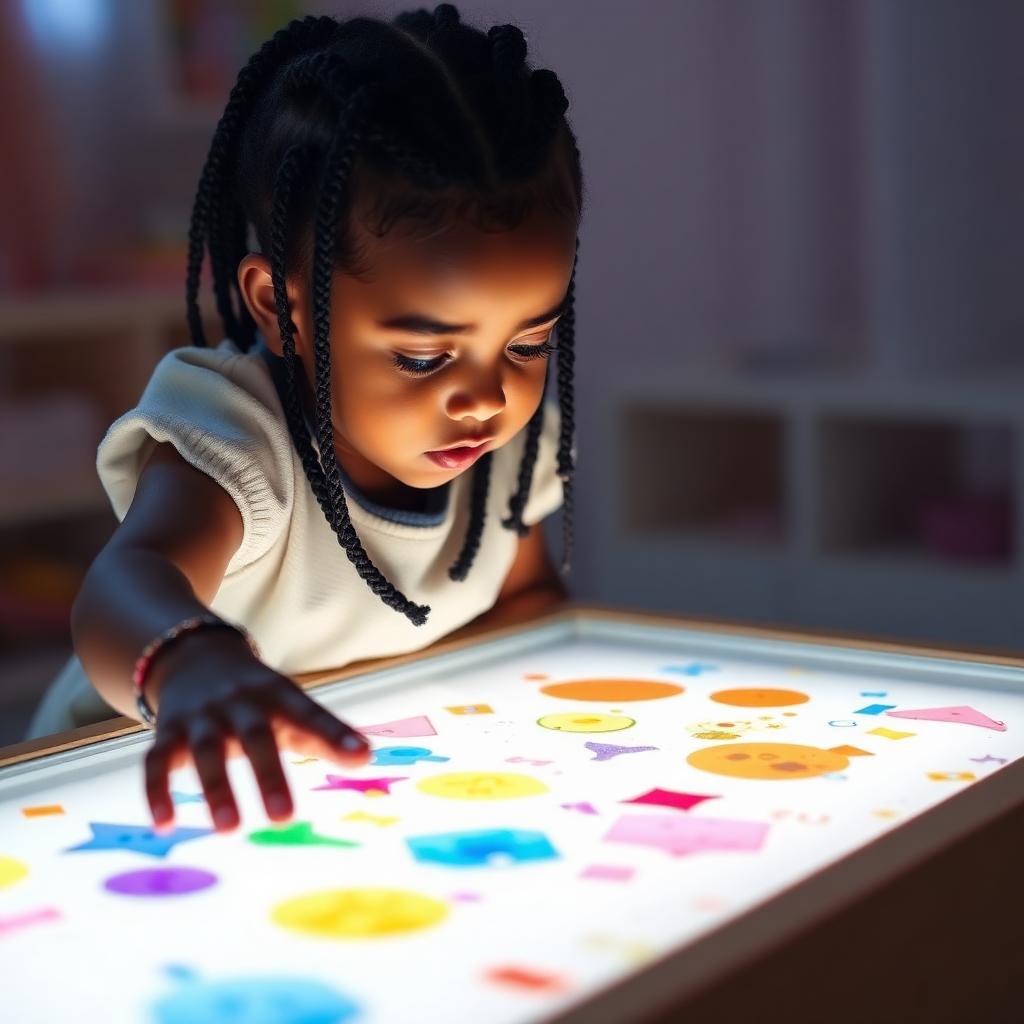 Young Black girl with braids exploring a glowing sensory light table