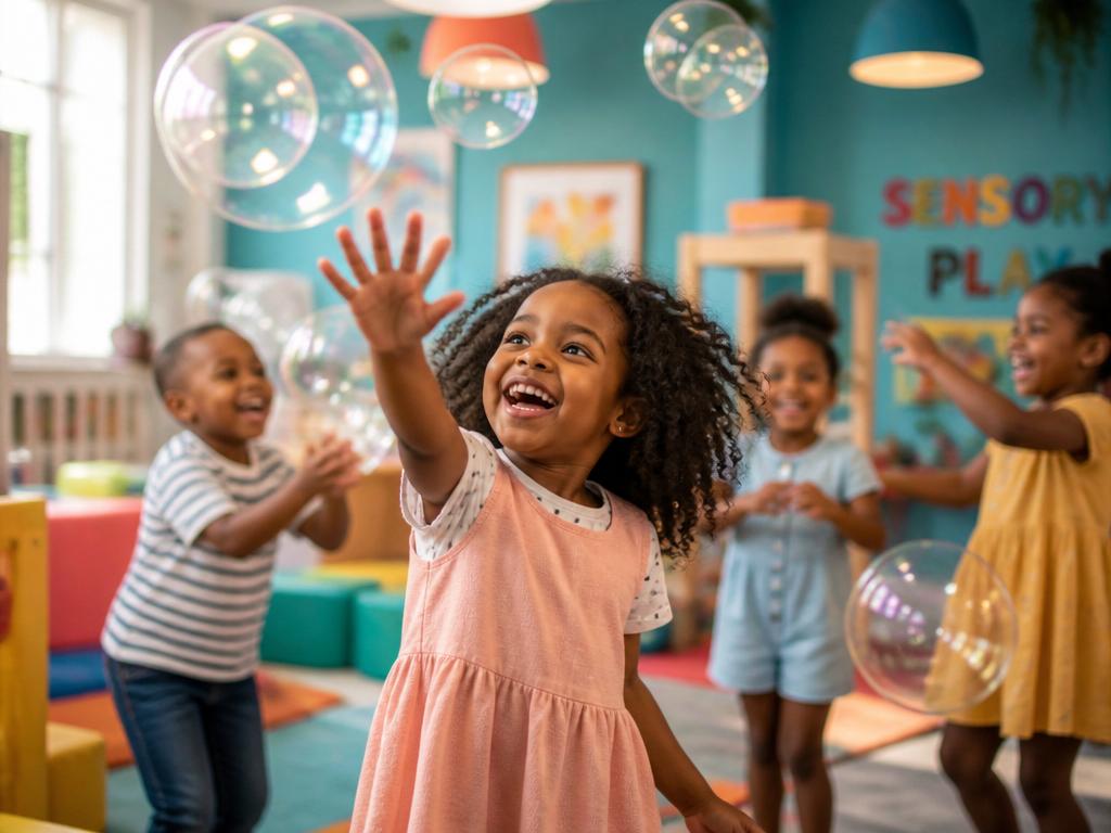 Black children joyfully playing with giant bubbles in a bright sensory playroom