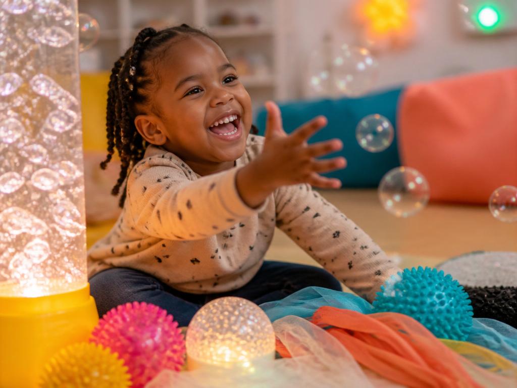 Young Black child reaching for bubbles among colorful sensory toys and textured balls