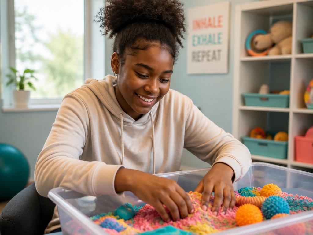 Black teenager exploring colorful sensory materials in a calming therapy room